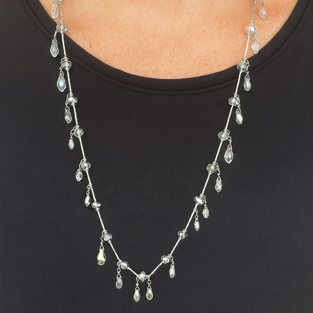 WHBM necklace faceted dangle beads clear to smoke grey silvertone chain 38”